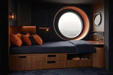 Wall Mural - The room is decorated in dark blue. The space-saving bedroom has a modular bed with built-in storage, making the room stand out and modern. Semi-circular window