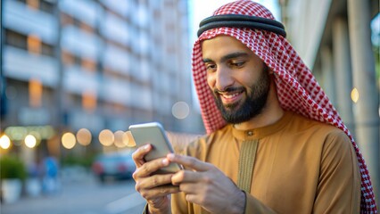 A portrait of a Muslim man using a smartphone in an urban setting, blending modern technology with everyday life.