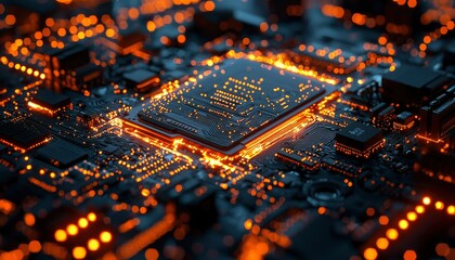 Illuminated Circuit Board with Glowing Processor