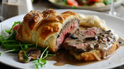 A sumptuous beef wellington with soft prepare steak and creamy mushroom gravy