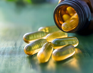 Golden Wellness:  Amber-hued Omega-3 capsules spill from a glass bottle, promising health benefits on a natural green backdrop.