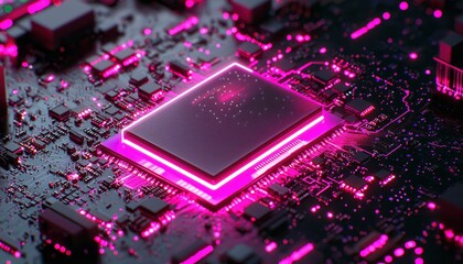 Wall Mural - Close-up of a glowing pink circuit board with a central processing unit