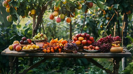 A table in an orchard is piled high with an abundance of juicy fruit