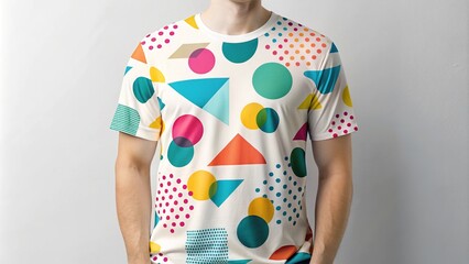 Colorful, abstract geometric shapes and polka dots on a white background, arranged to showcase a modern and trendy t-shirt pattern design mockup layout.