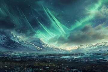 Wall Mural - Aurora borealis over snowy mountains