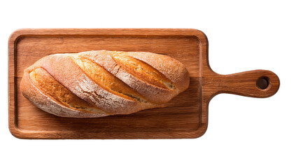 Wall Mural - Fresh loaf of bread on a cutting board isolated on white,  AI generative.