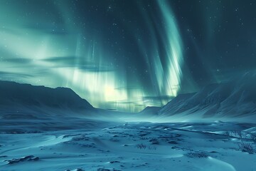 Wall Mural - Aurora borealis over snowy mountains in winter