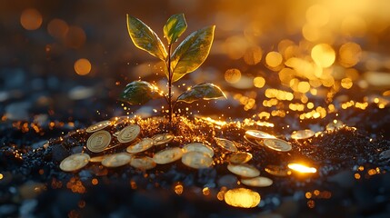 A green plant emerges from gold coins under a glowing sunset, a living metaphor for financial growth.