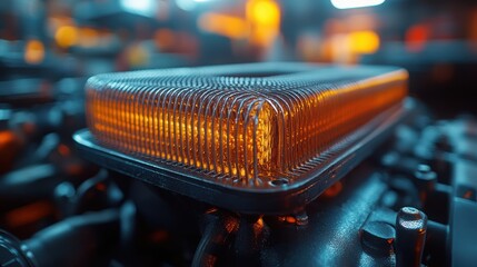 Detailed close-up of an engine air filter in a factory setting, illuminated with warm lighting to highlight its intricate design and function.