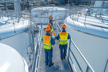 Wall Mural - Workers inspect methane gas storage tanks at a biogas plant, using handheld devices to check for leaks. 