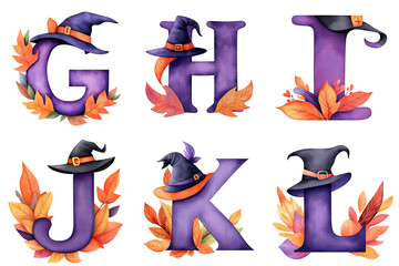 The Halloween Alphabet watercolor clipart, purple alphabet with Halloween Witch Hat