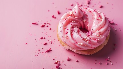 A view of ice cream in the shape of a bagel against a vivid pink