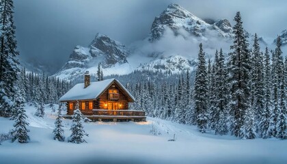 Wall Mural - A Cozy Cabin Nestled in a Snowy Mountain Valley