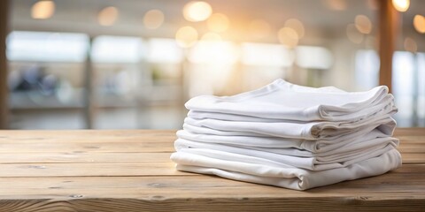 Wall Mural - Empty white t-shirts fold out on wooden table against blurred background, ready for custom design or branding, showcasing apparel for fashion and marketing purposes only.