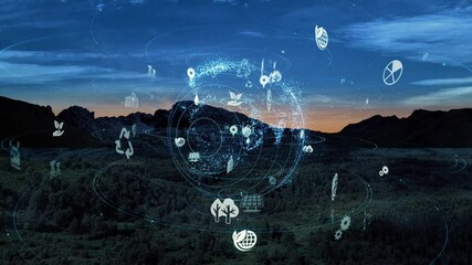 Aufkleber - Composite concept of natural scene and environment technology. Eco friendly society. Ecology. Sustainable development goals. SDGs.