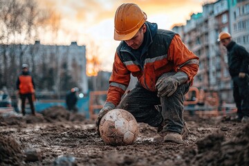 Construction worker digging with shovel at job site. Concept of manual labor, infrastructure development, urban renewal