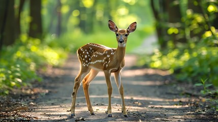 Wall Mural - A whitetail deer fawn appears in the midst of a woodland on a walkway