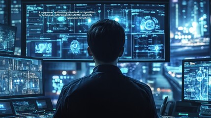 Hacker Monitoring Cybersecurity Systems in Dark Control Room