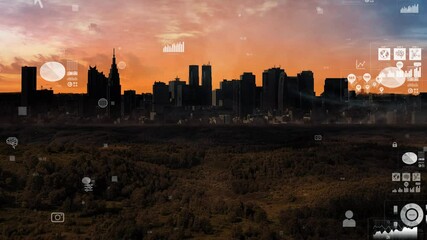 Poster - Composite concept of modern society and global statistics data. Management strategy. Digital transformation.