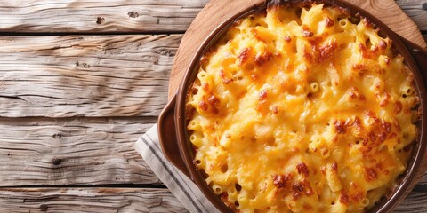 Wall Mural - Casserole of Macaroni and Cheese with Generous Empty Space Above, Viewed from the Top, Perfectly Baked Classic Gratin