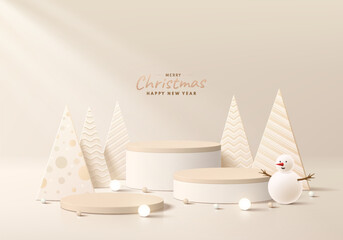 3D cream round podium with Merry christmas tree, Snowman, neon ball background. Abstract composition minimalist design. Studio display showroom product pedestal, Fashion stage showcase mockup scene.