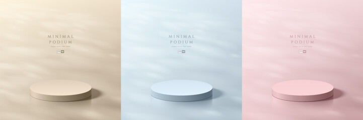 Set of beige, blue, pink podium background with leaf shadow overlay on floor. Abstract composition in minimalist design. Studio display showroom product pedestal, Fashion stage showcase mockup scene.