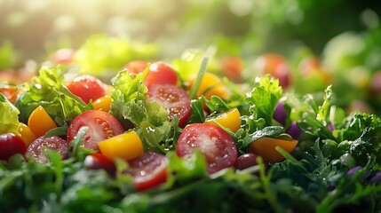 A fresh green salad with ripe tomatoes glows in the sunlight, a vibrant and healthy delight.