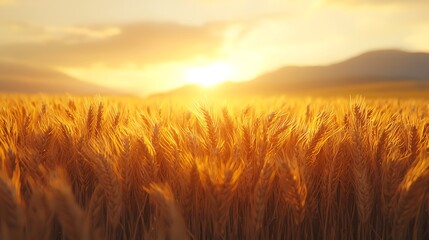 Wall Mural - Golden wheat fields glow at sunset, framed by a dramatic, vibrant sky.