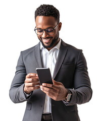 Smiling African American Businessman Using Smartphone - White Background, transparent background, PNG file