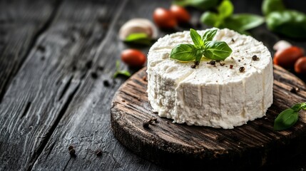 Wall Mural - Ricotta cheese on black table