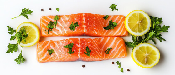 Fresh slices of salmon with parsley and lemon on a white background