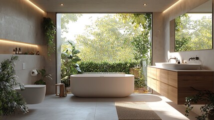 Wall Mural - A contemporary bathroom features a sleek bathtub, sink, and lush greenery, merging elegance with nature.