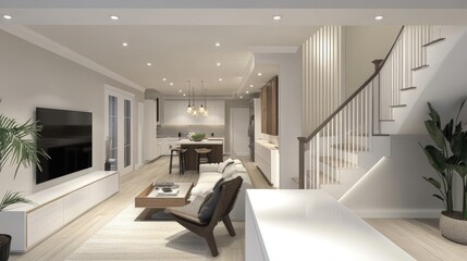 A modern basement renovation featuring a white countertop and a chic staircase, creating a spacious and inviting atmosphere