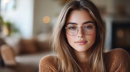 Poster - A smiling young woman with glasses radiates warmth and a touch of charm.