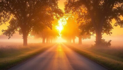 Sticker - Sun-Drenched Path Through Foggy Trees at Sunrise