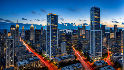 Urban CBD office, the city skyline and commercial area are outside the floor window