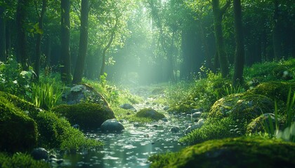 Poster - Sunlit Stream Flowing Through Lush Forest