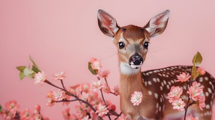 Wall Mural - Adorable small fawn with flowers on a pink backdrop