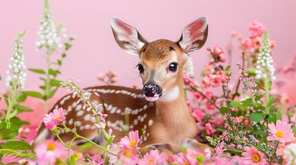 Wall Mural - Adorable small fawn with flowers on a pink backdrop