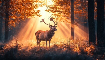 Sticker - Majestic Red Deer Buck Standing in a Golden Forest at Sunset