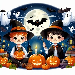 Wall Mural - halloween pumpkins  and witches