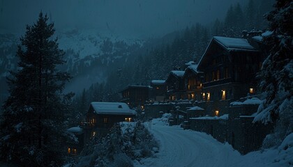 Wall Mural - Snow-covered Mountain Village with Cozy Illuminated Houses