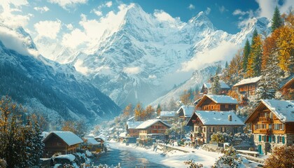 Wall Mural - Picturesque Snowy Mountain Village with a River in the Foreground