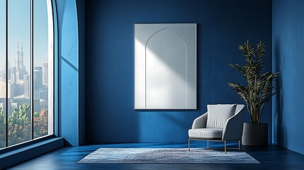 A modern blue interior with a city view, a white chair, and an empty frame creates a minimalist and serene atmosphere.