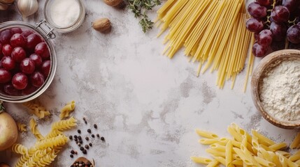 Pasta essentials: spaghetti, penne, salt, flour, black pepper on white.