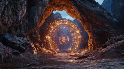 Glowing portal in a cave surrounded by rocks.