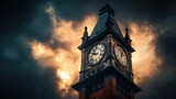 A dusty old clock tower against a dramatic sky, symbolizing the passage of time and decay