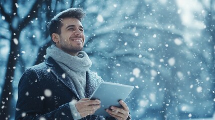 Wall Mural - Businessman grins with tablet in cozy office amidst snow.