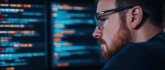 A man with glasses is looking at a computer screen with a lot of code on it