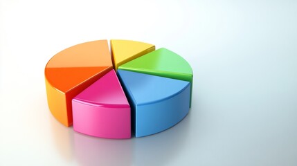 Fototapete - A vibrant 3D pie chart with colorful segments floating above a reflective surface, symbolizing data analysis and business insights, with a minimalist white background.